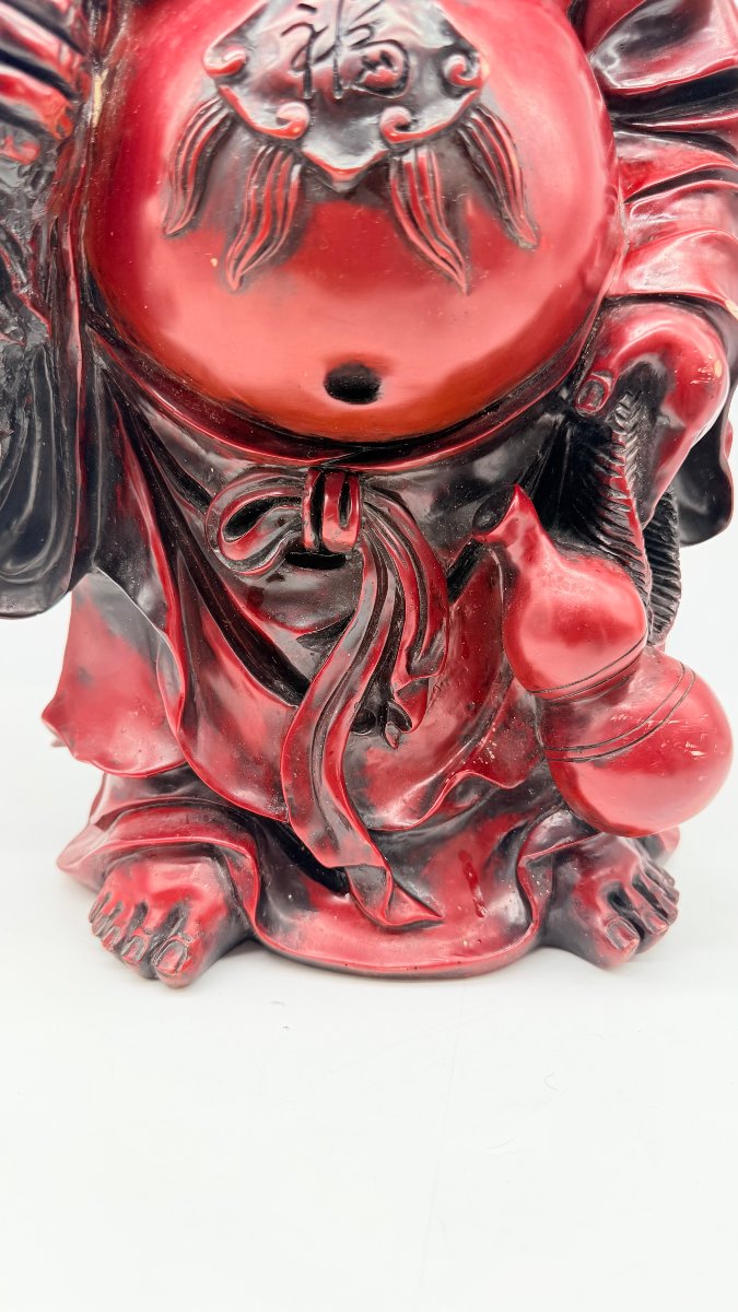 Chinese Red Lacquered Resin Figure Of Budai, Imitating Cinnabar Lacquer, 20th Century-photo-4