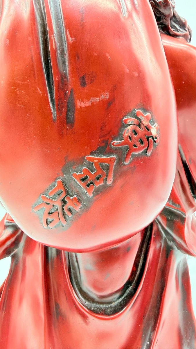 Chinese Red Lacquered Resin Figure Of Budai, Imitating Cinnabar Lacquer, 20th Century-photo-5