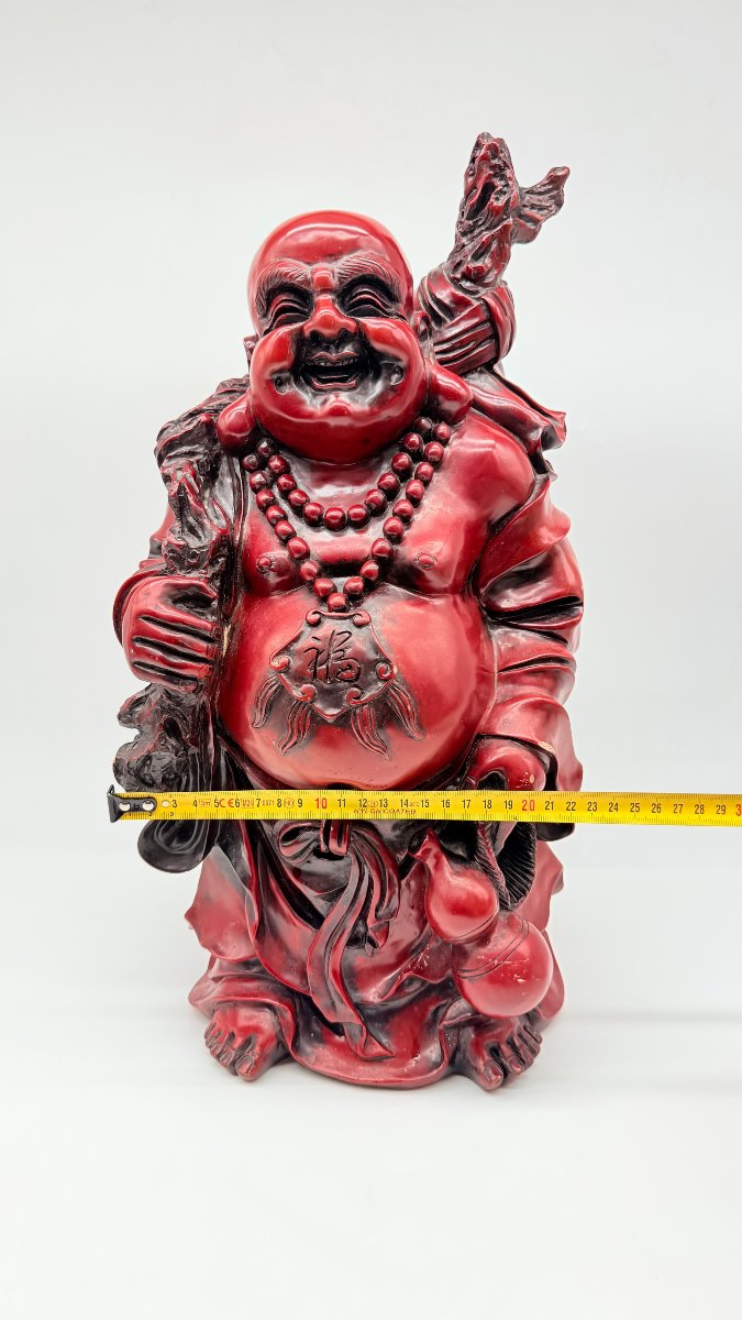 Chinese Red Lacquered Resin Figure Of Budai, Imitating Cinnabar Lacquer, 20th Century-photo-6