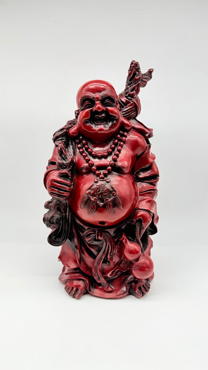 Chinese Red Lacquered Resin Figure Of Budai, Imitating Cinnabar Lacquer, 20th Century