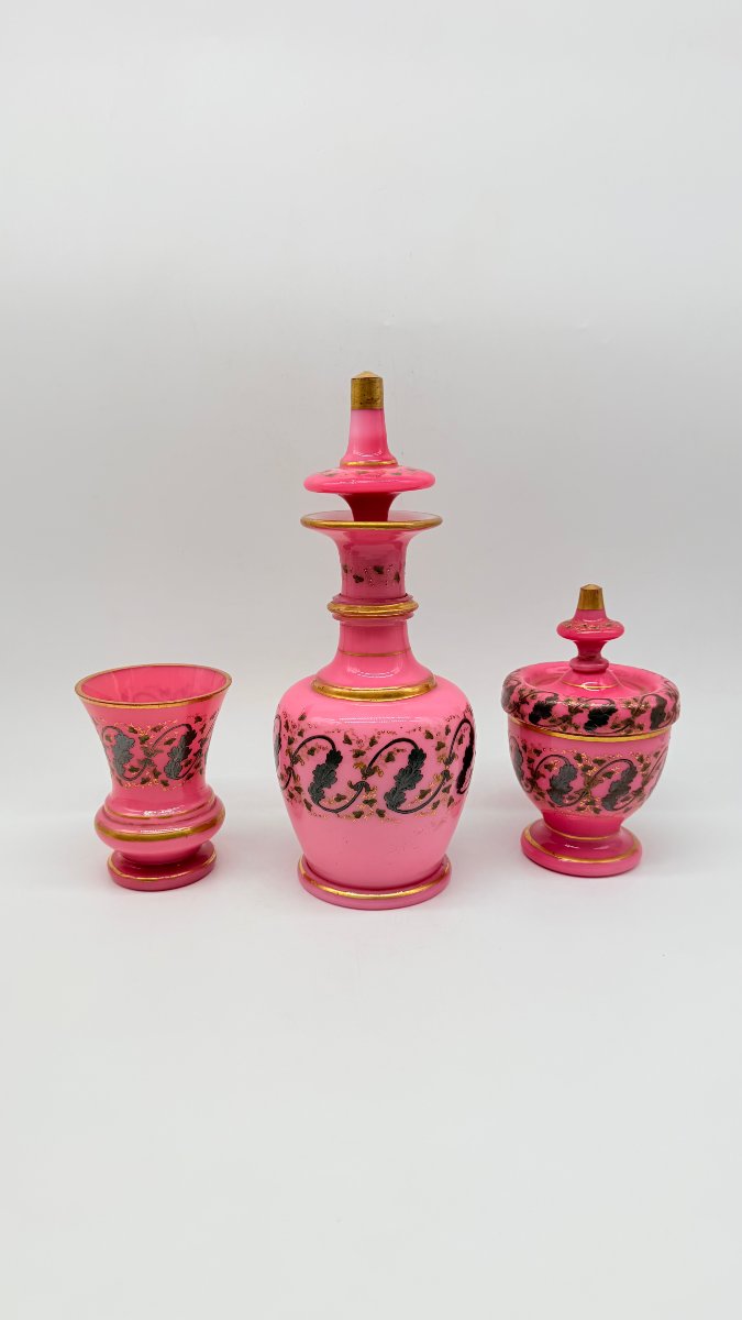 A French Pink And White Opaline Glass Toilette Garniture, Napoléon III Period