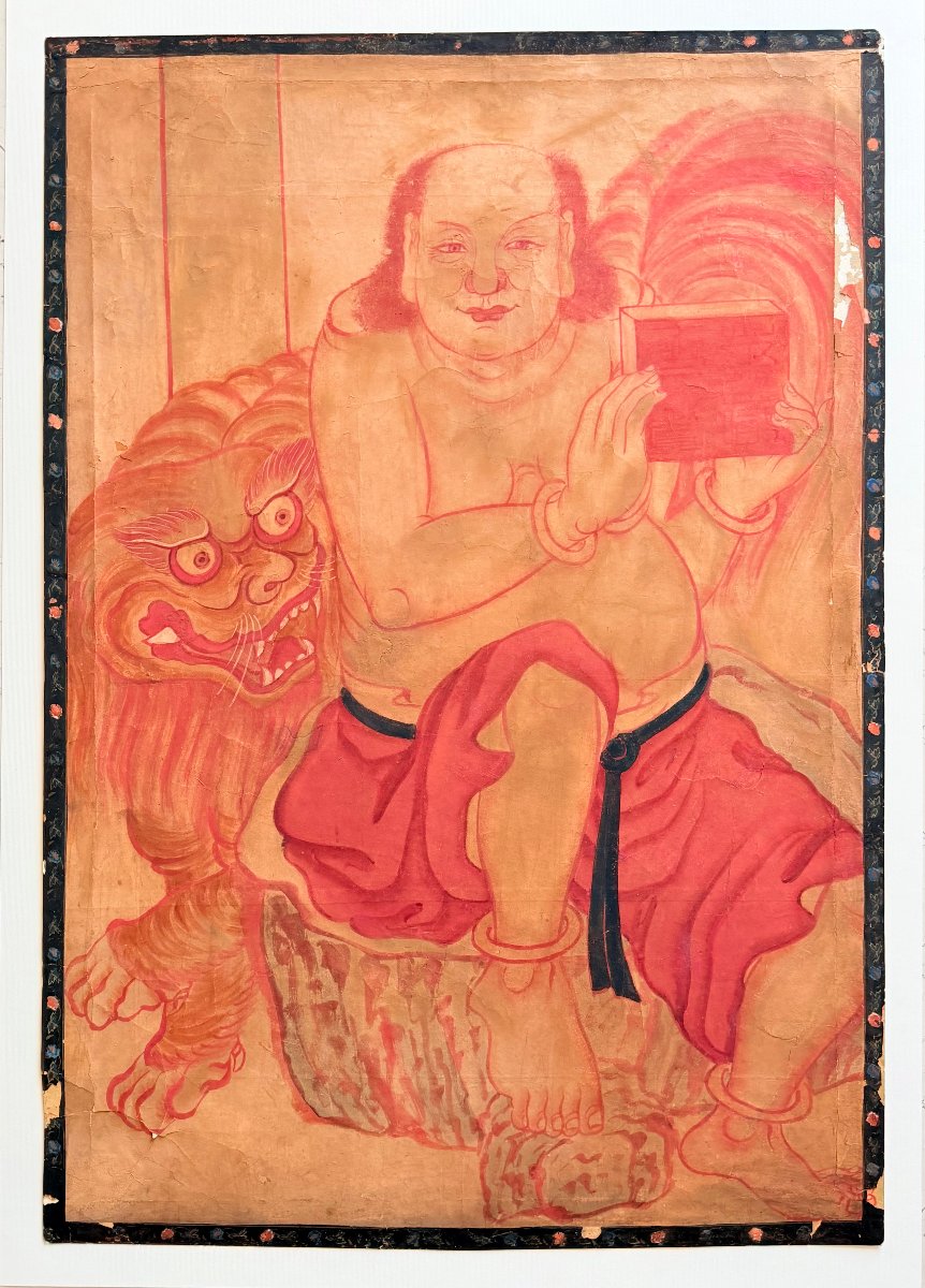Korean School, Late 19th–early 20th Century — Seated Luohan With A Buddhist Guardian Lion