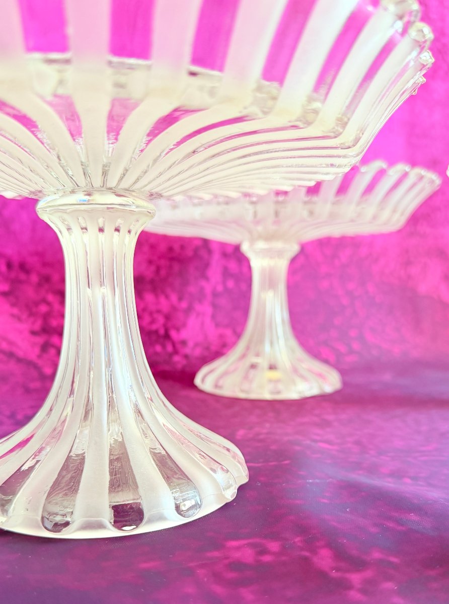Baccarat Frosted And Molded Crystal Pedestal Bowl Set. Signed-photo-4