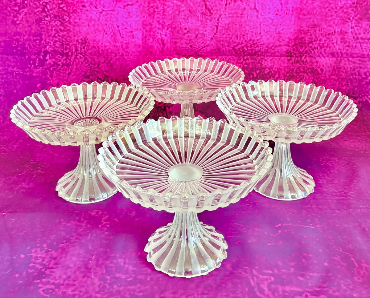 Baccarat Frosted And Molded Crystal Pedestal Bowl Set. Signed