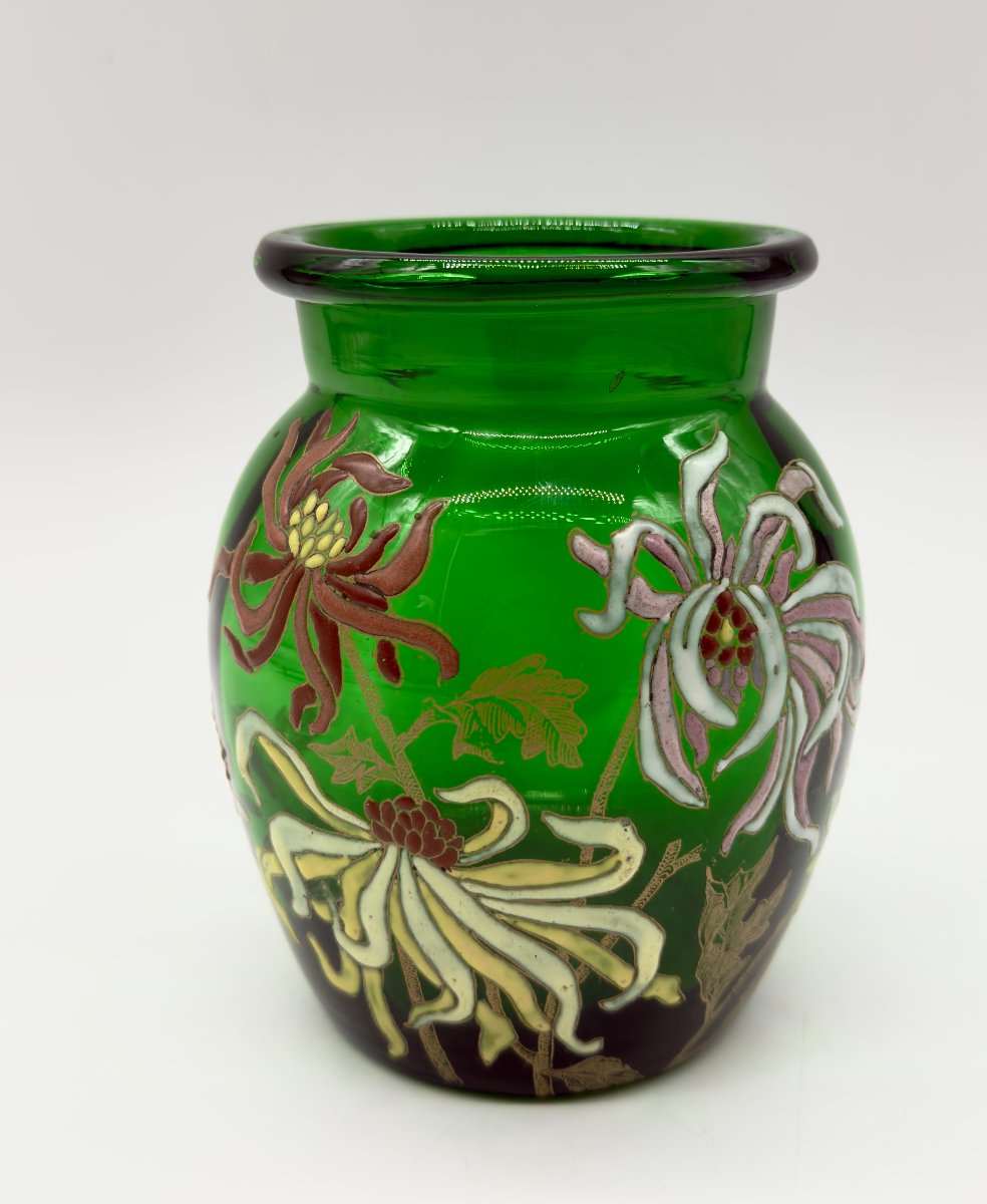 Vase émaillé en verre vert Art Nouveau, Legras-Montgeoye