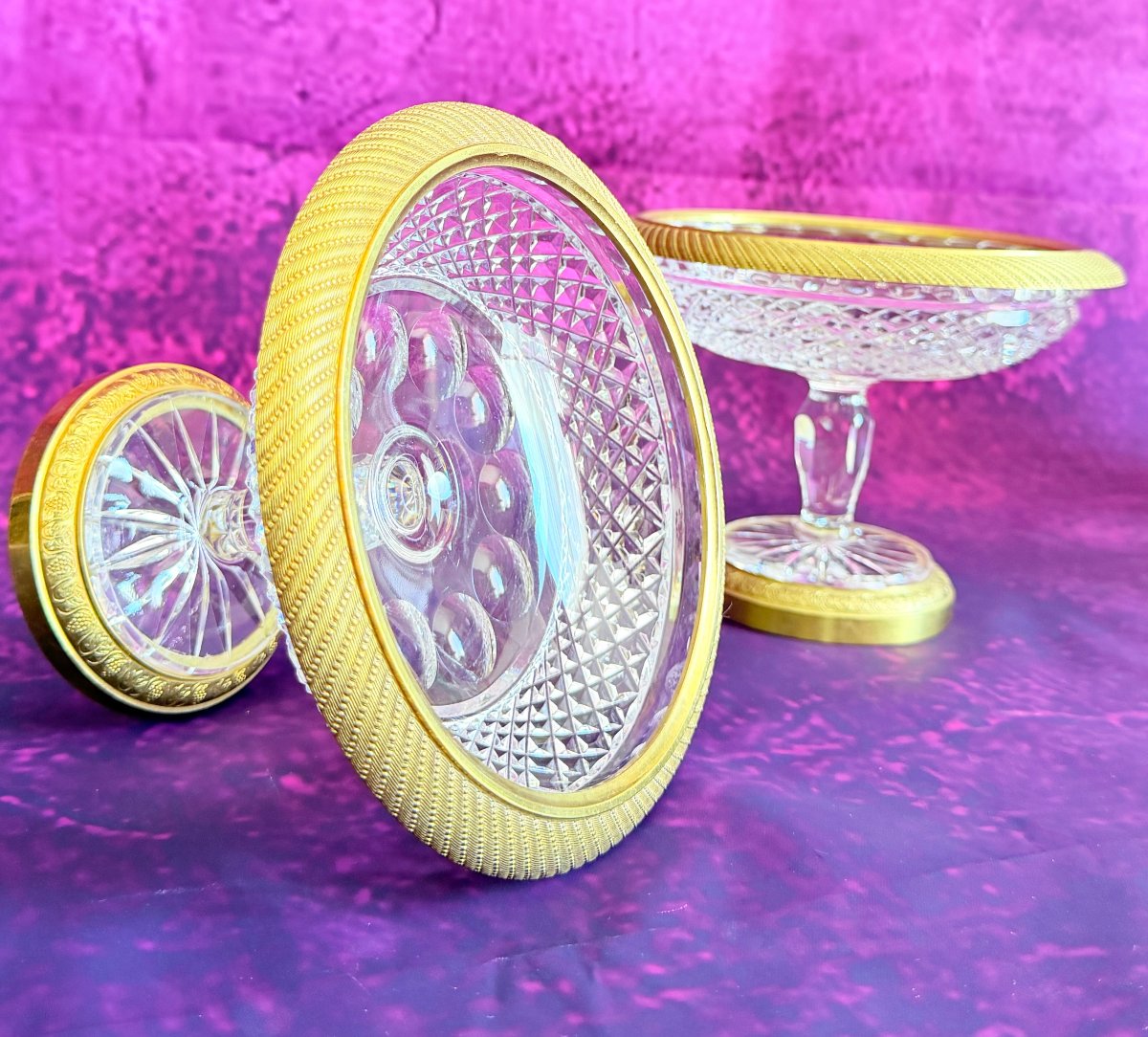 Paire de coupes en cristal taillé Baccarat Charles X avec montures en bronze doré-photo-4