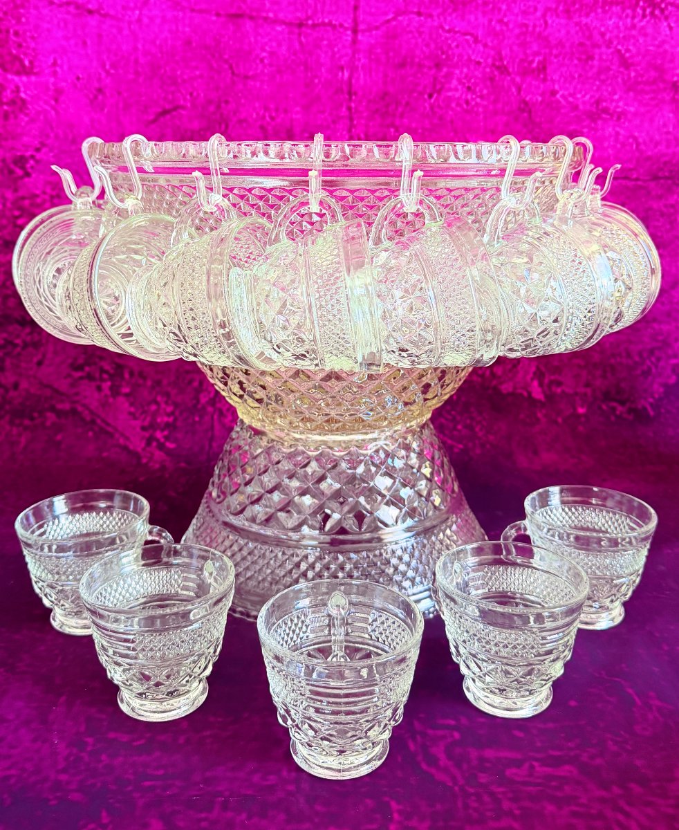 Service à punch en verre moulé européen avec tasses, milieu XXe siècle-photo-4