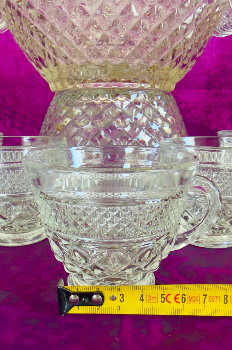 Service à punch en verre moulé européen avec tasses, milieu XXe siècle-photo-1