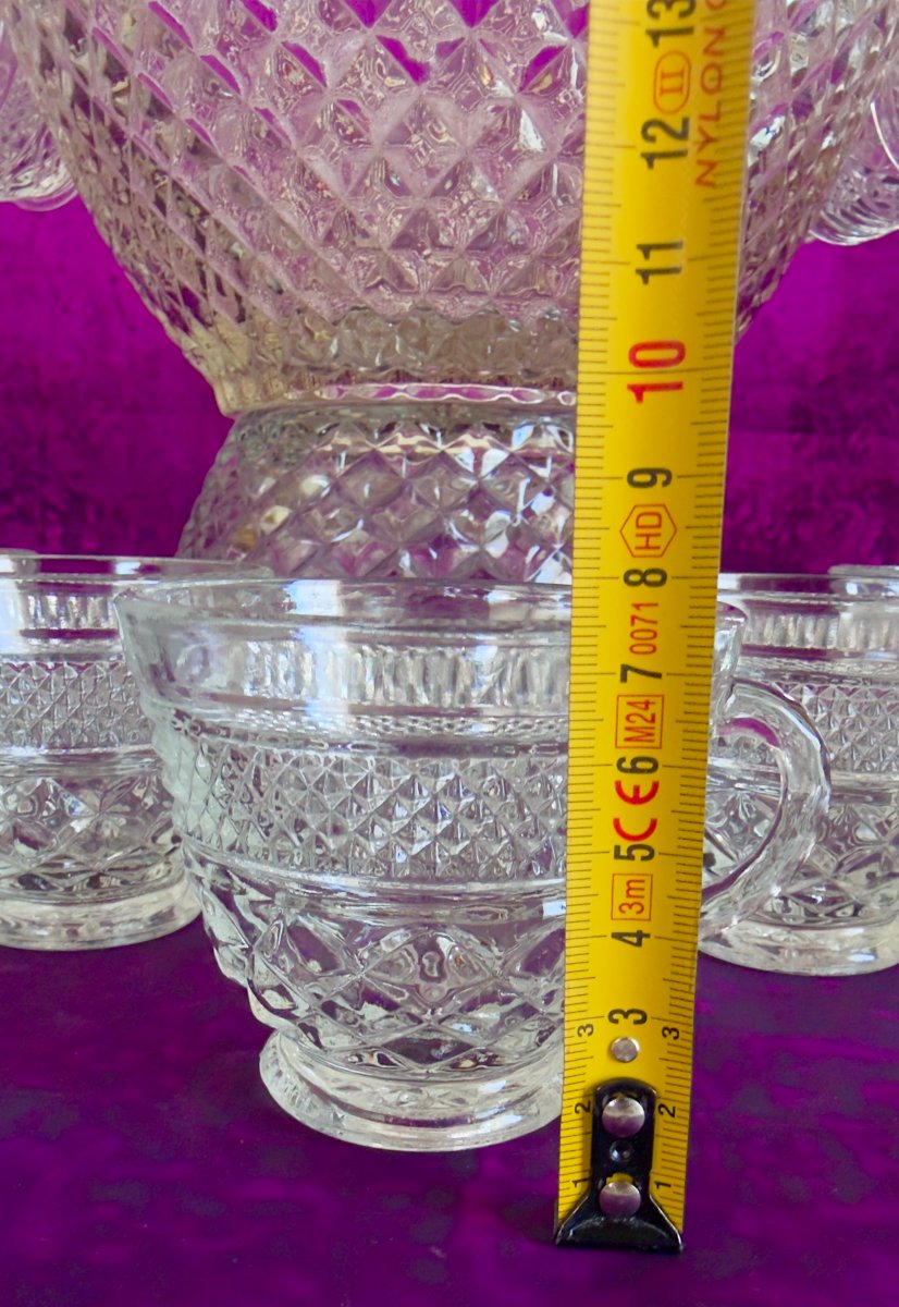 Service à punch en verre moulé européen avec tasses, milieu XXe siècle-photo-2