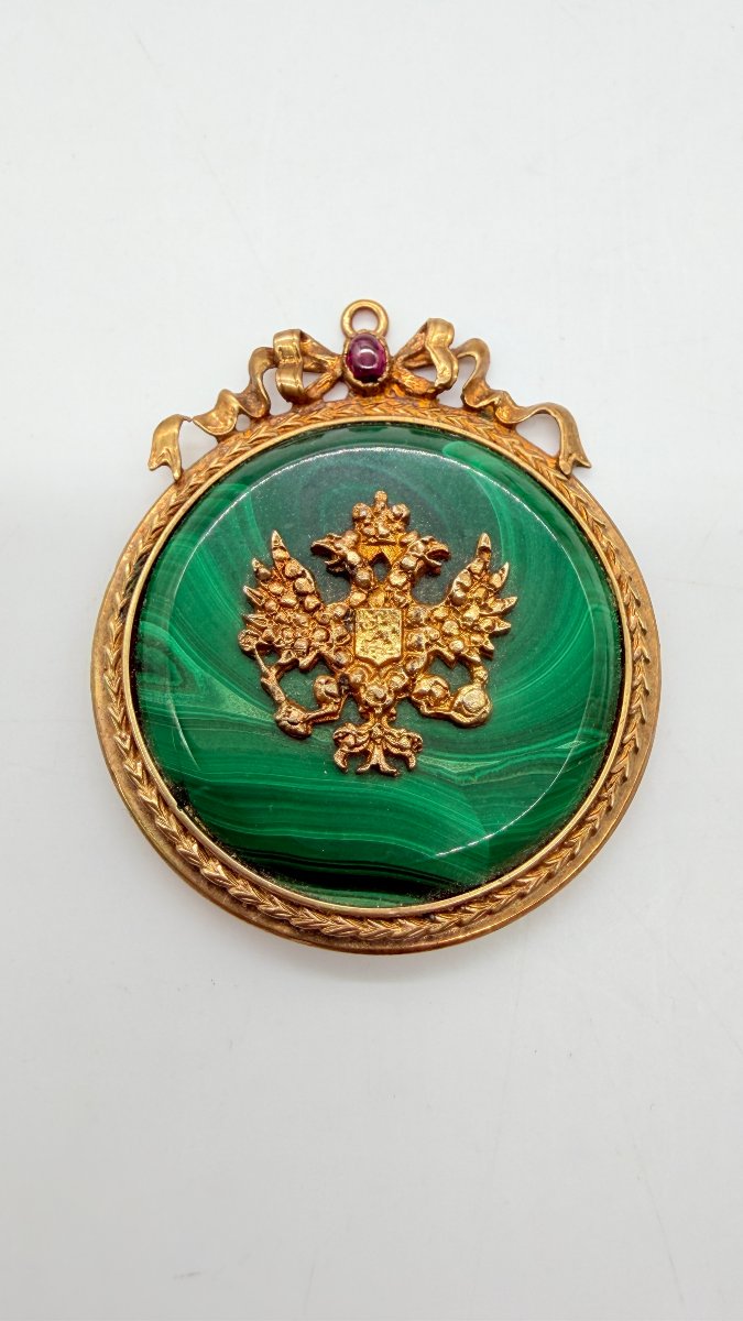 Russian Work, Late 19th–early 20th Century, Malachite And Gilt-silver Imperial Eagle Pendant