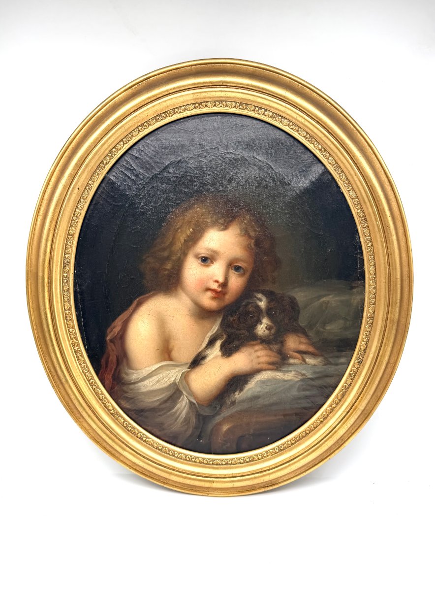 École russe, XIXe siècle, dans le goût de Karl Brioullov — Portrait d’un enfant au chien