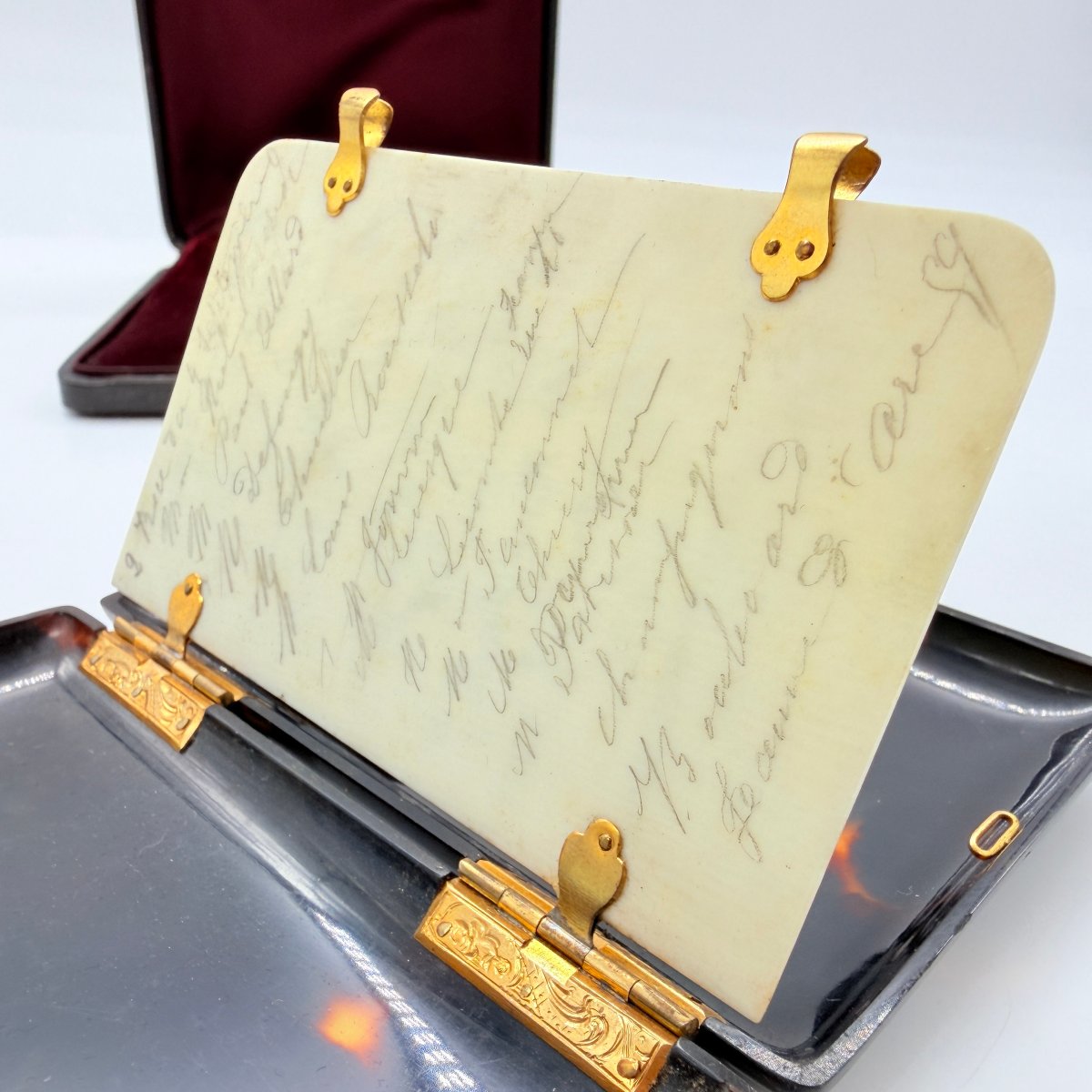 Carnet de bal et bourse en marqueterie boulle de tortue avec étui, XIXe siècle-photo-2