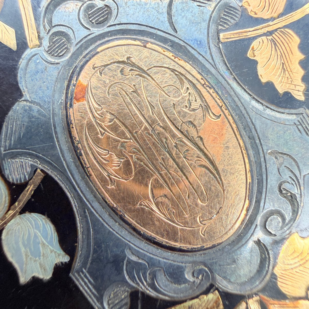 Carnet de bal et bourse en marqueterie boulle de tortue avec étui, XIXe siècle-photo-3