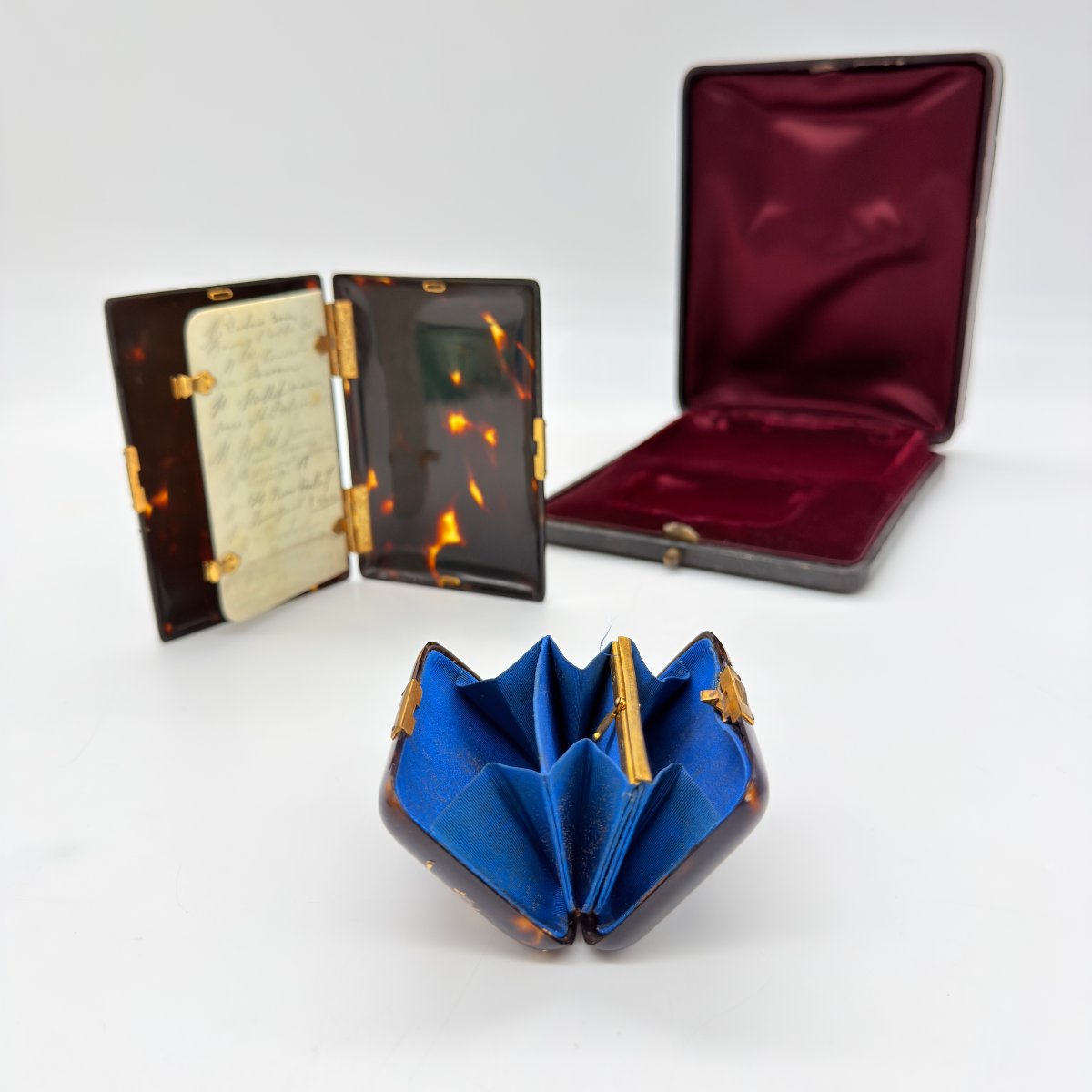 Carnet de bal et bourse en marqueterie boulle de tortue avec étui, XIXe siècle-photo-2