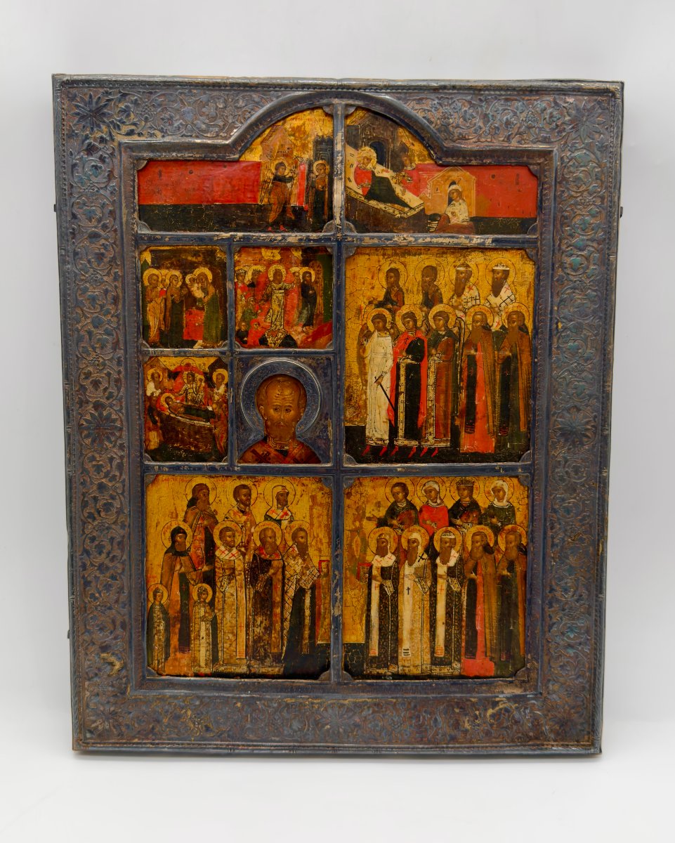 The Nativity Of The Mother Of God,feasts And Saints,silver Riza,17century,stroganov School