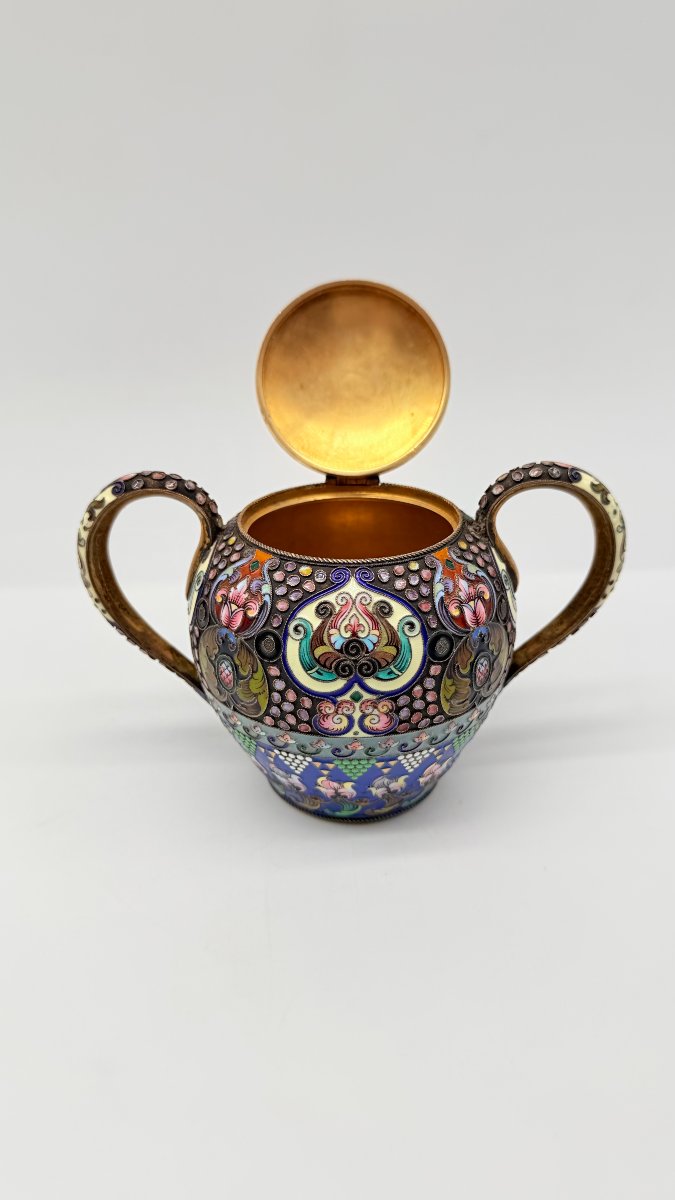 Sucrier couvert russe en vermeil et émail cloisonné, 11e Artel, Moscou, 1908–1917-photo-4