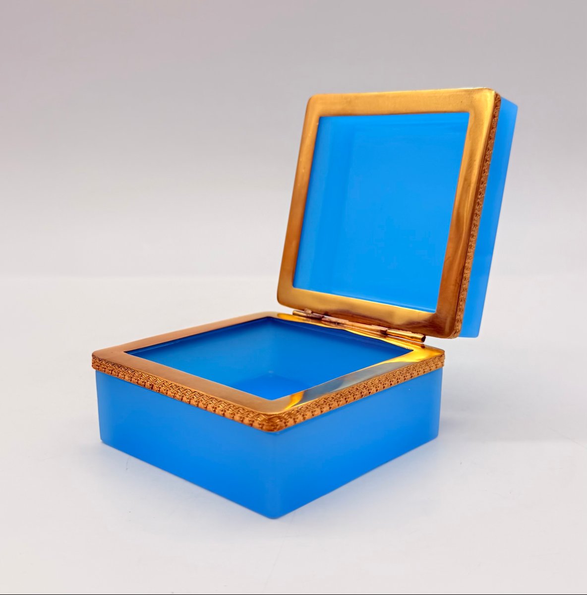 French Charles X Turquoise Blue Opaline Glass And Gilt-brass Box, Circa 1820-1830 