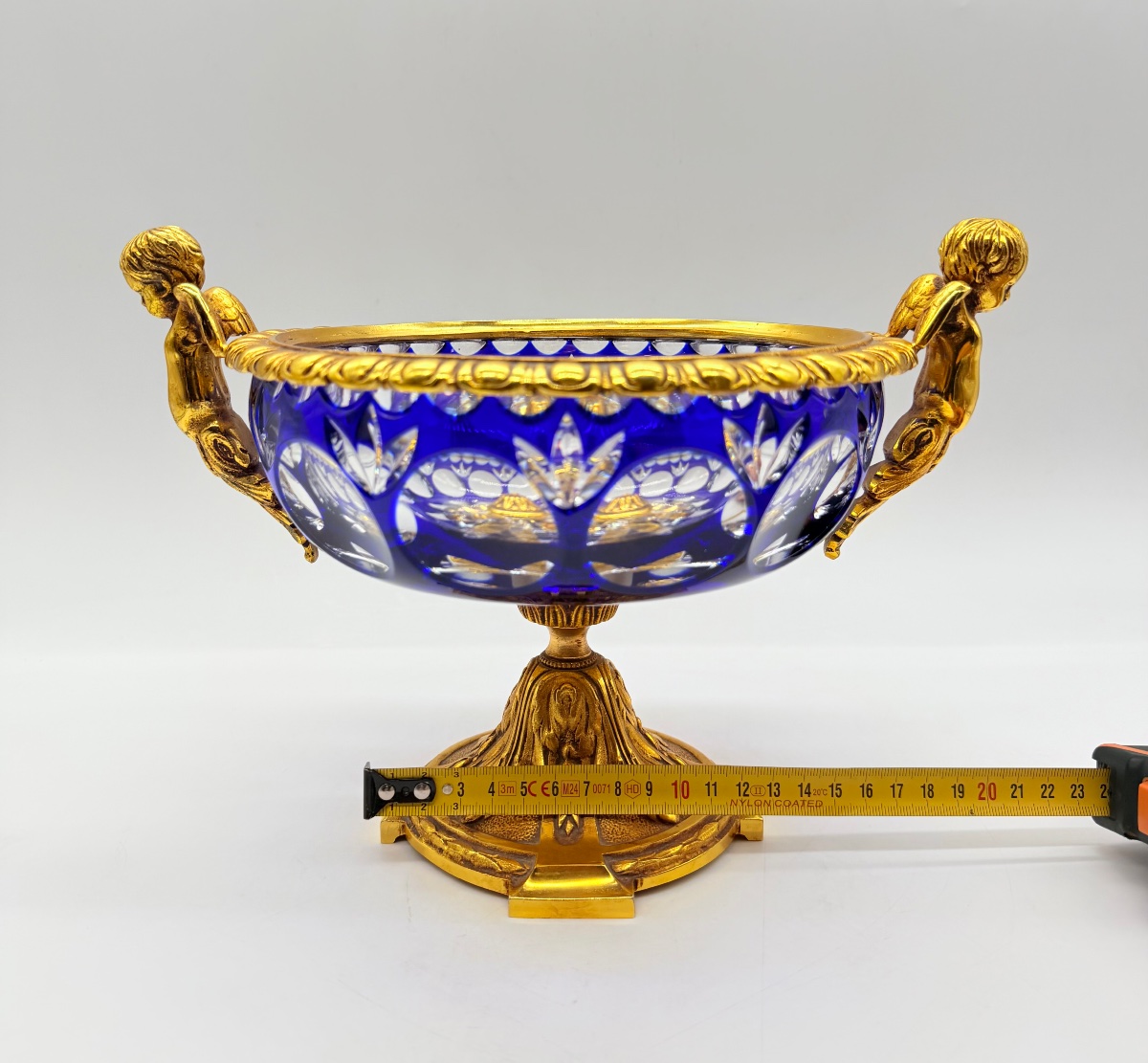 French 19th-century Mounted Cobalt Blue Overlay Crystal Centerpiece Bowl-photo-4