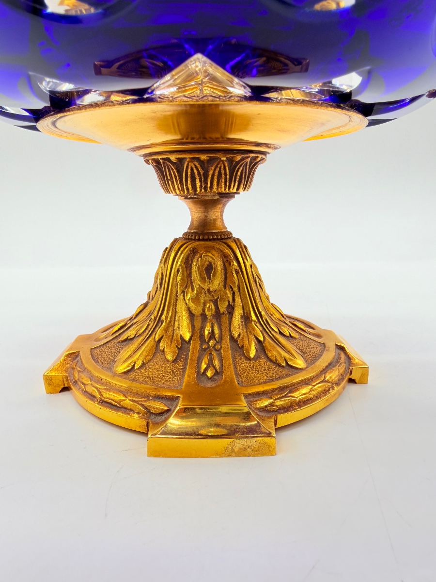 French 19th-century Mounted Cobalt Blue Overlay Crystal Centerpiece Bowl-photo-1