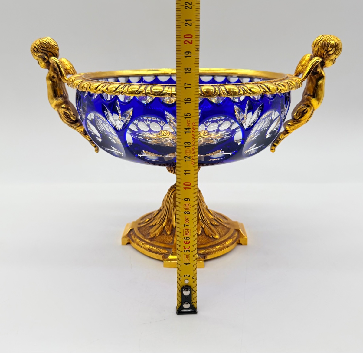 French 19th-century Mounted Cobalt Blue Overlay Crystal Centerpiece Bowl-photo-7
