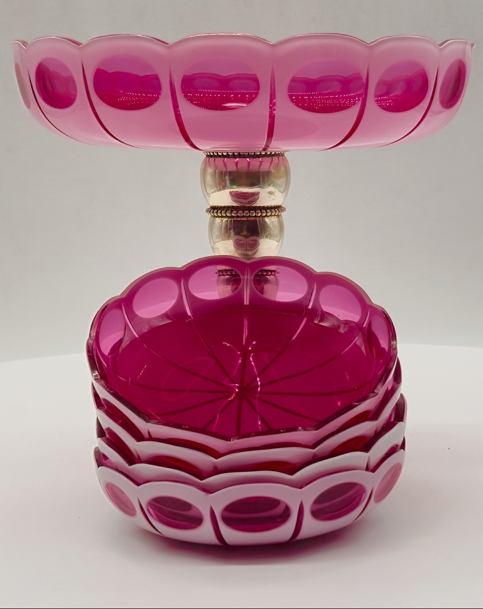 Bohemian Ruby Red Overlay Crystal Compote Service With Silver Mount-photo-3