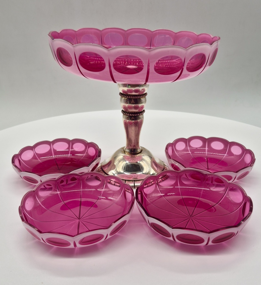 Bohemian Ruby Red Overlay Crystal Compote Service With Silver Mount-photo-2