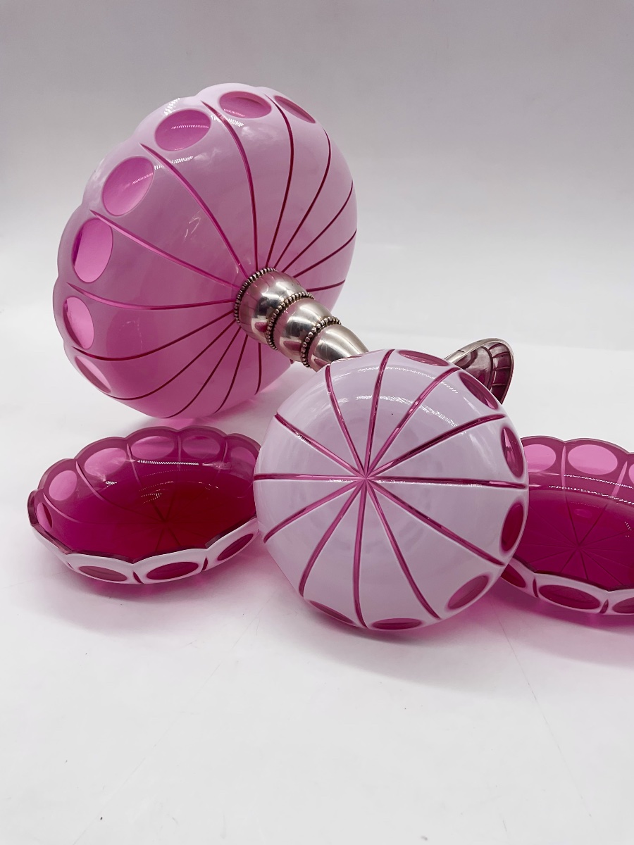 Bohemian Ruby Red Overlay Crystal Compote Service With Silver Mount-photo-3