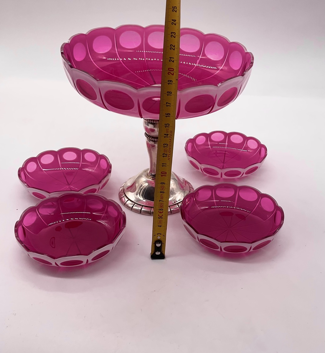 Bohemian Ruby Red Overlay Crystal Compote Service With Silver Mount-photo-7