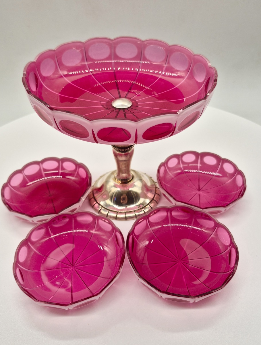 Bohemian Ruby Red Overlay Crystal Compote Service With Silver Mount