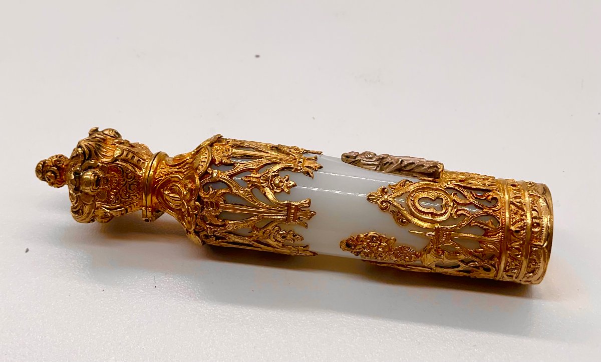 French Charles X Gilt Brass Neogothic Mounted White Opaline Chatelaine Scent Bottle