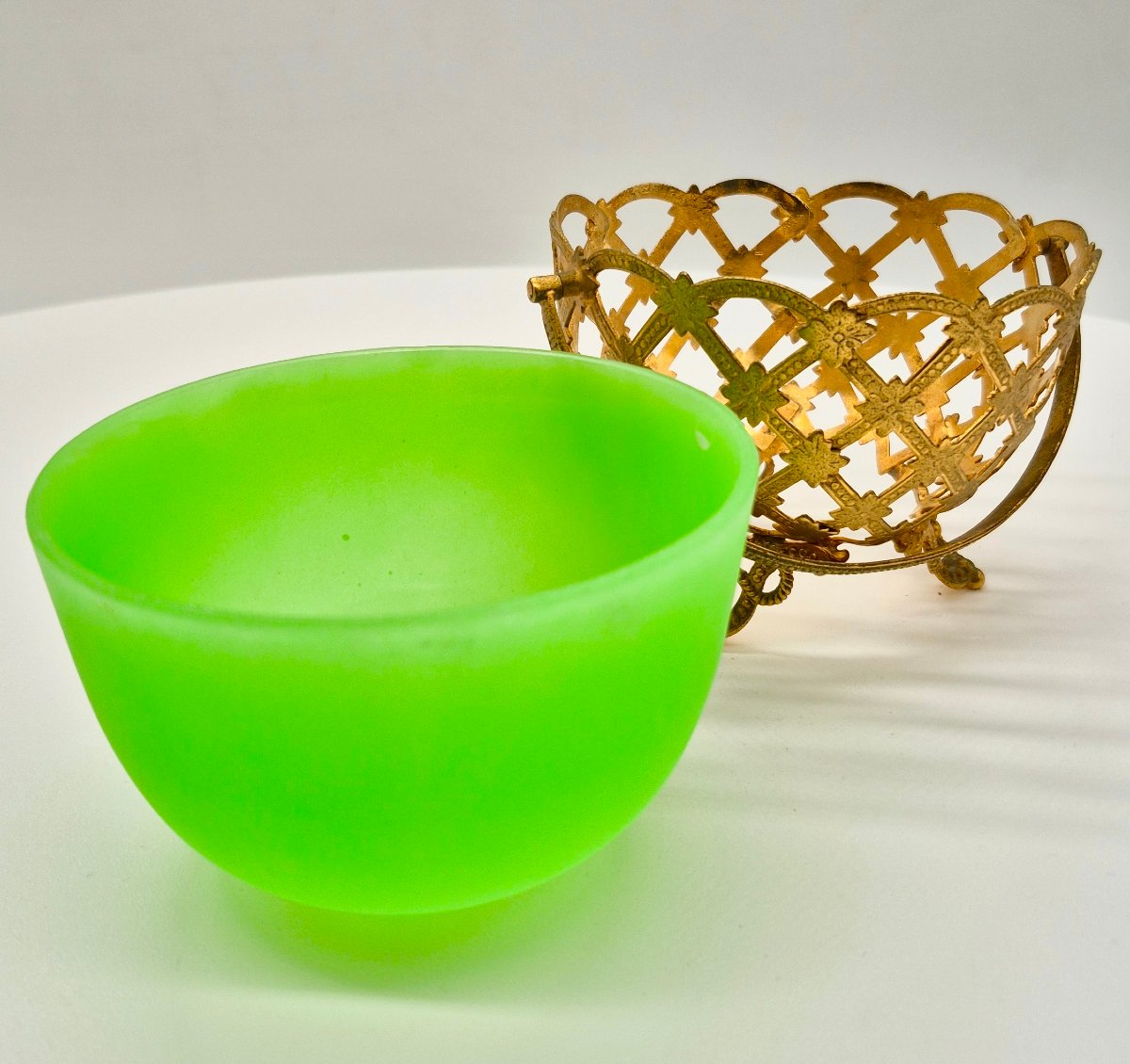 French Napoleon III Gilt Brass Mounted Green Uranium Glass (ouraline) Basket, Circa 1860-1870-photo-2