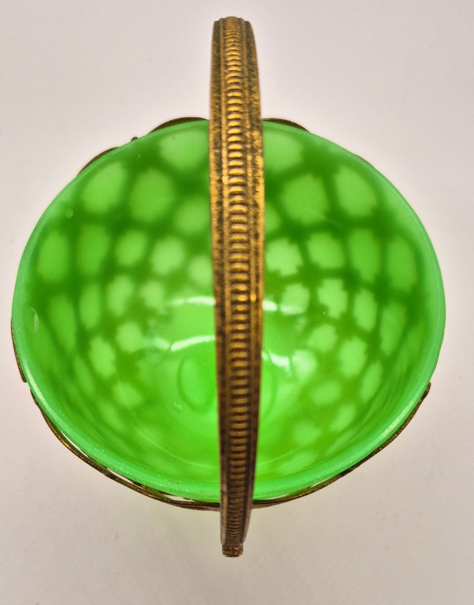 French Napoleon III Gilt Brass Mounted Green Uranium Glass (ouraline) Basket, Circa 1860-1870-photo-1
