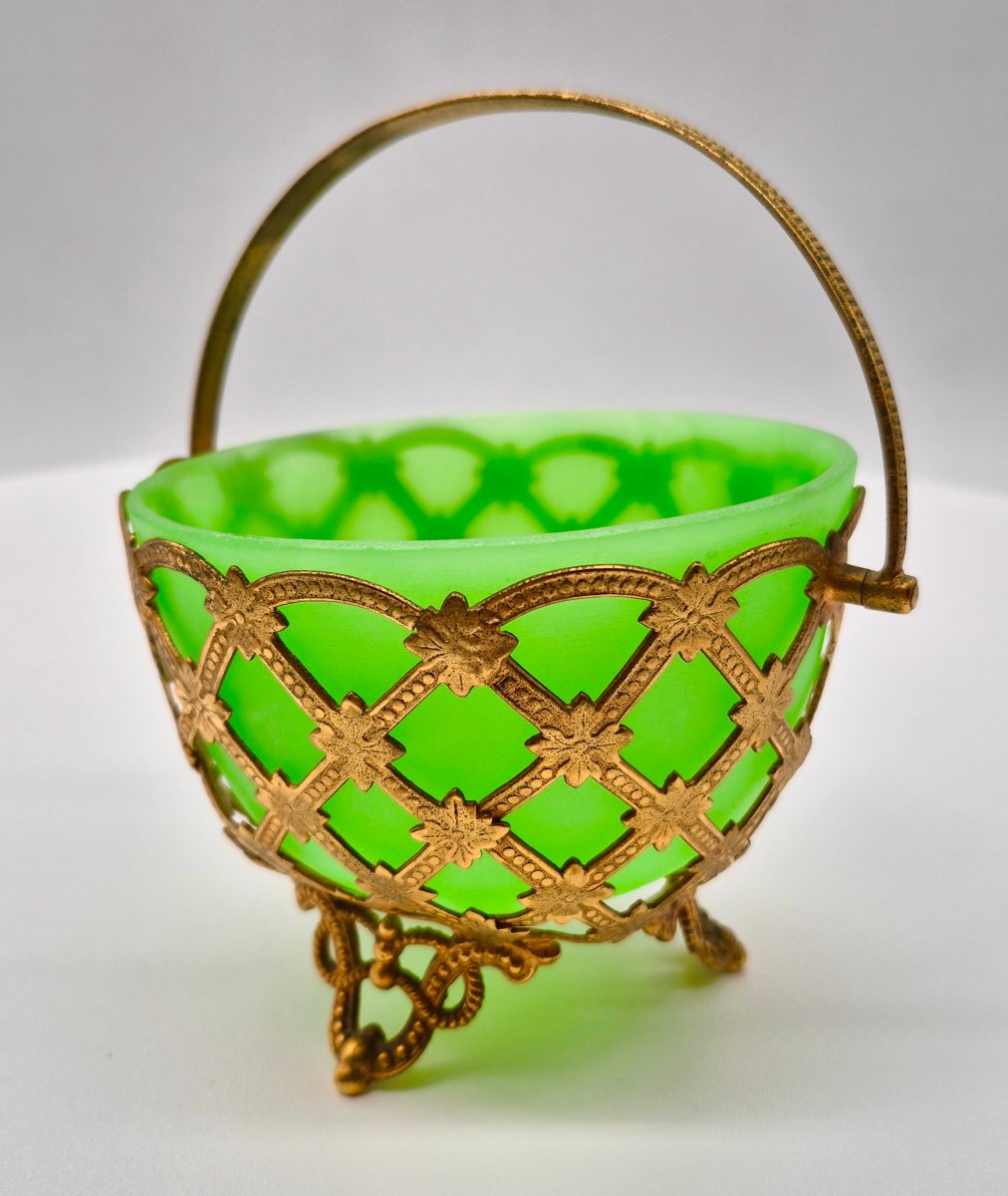 French Napoleon III Gilt Brass Mounted Green Uranium Glass (ouraline) Basket, Circa 1860-1870