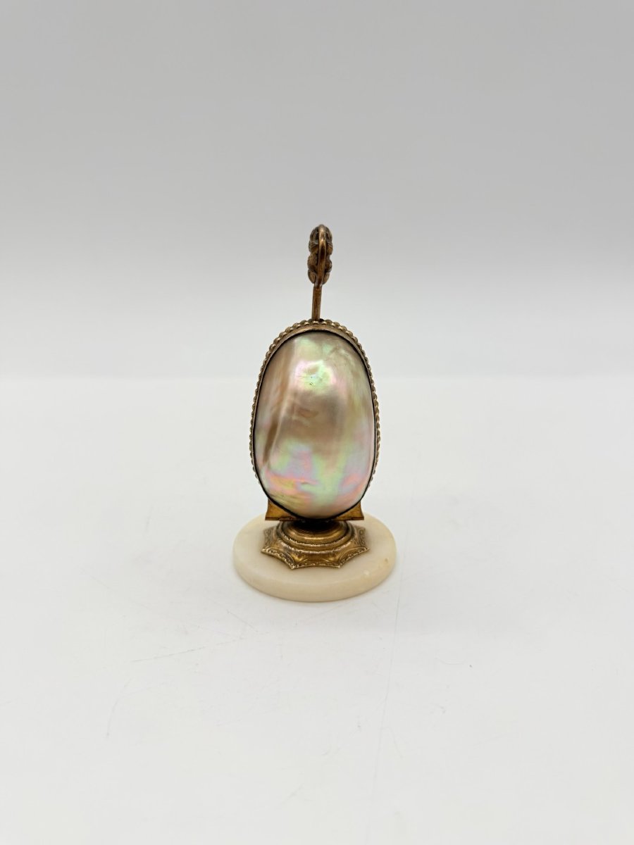 French 19th-century Mother-of-pearl Egg-shaped Perfume Caddy On Alabaster Base-photo-3