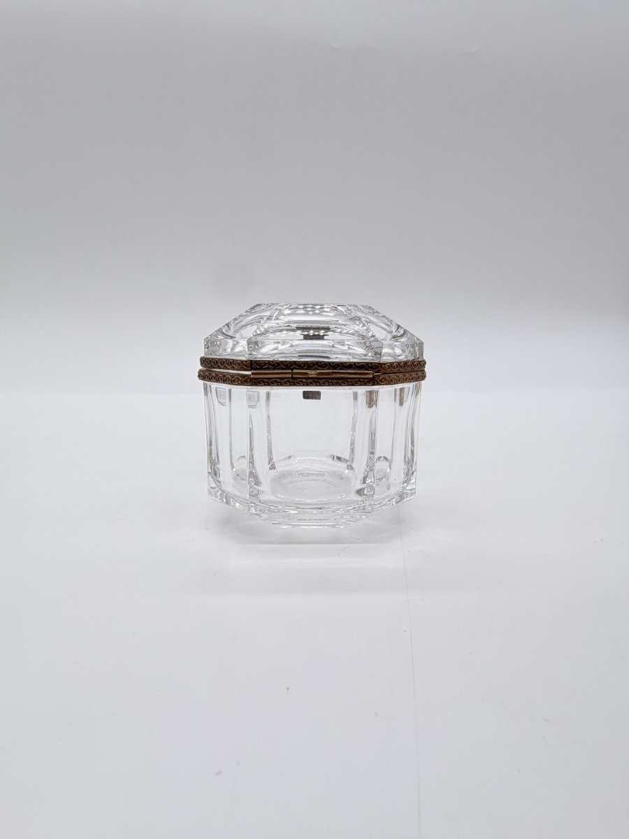 Small Art Deco Octagonal Cut Crystal Box With Metal Mount, Circa 1920-1930 -photo-3