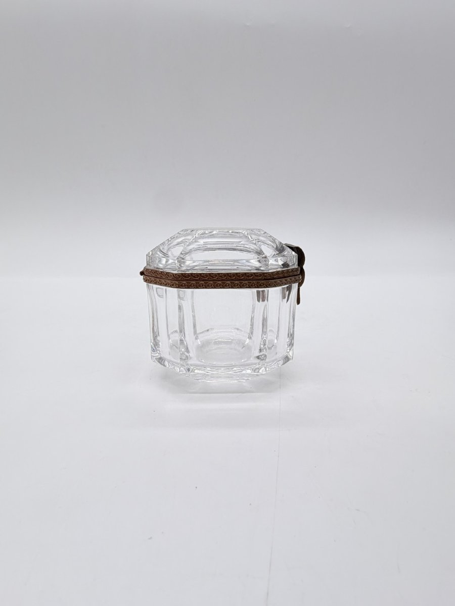 Small Art Deco Octagonal Cut Crystal Box With Metal Mount, Circa 1920-1930 -photo-4