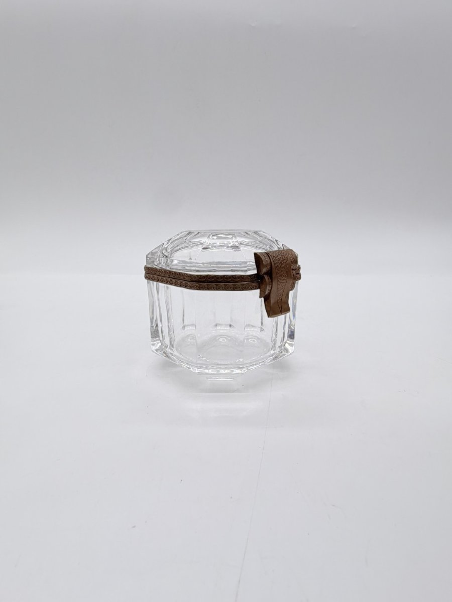 Small Art Deco Octagonal Cut Crystal Box With Metal Mount, Circa 1920-1930 -photo-1