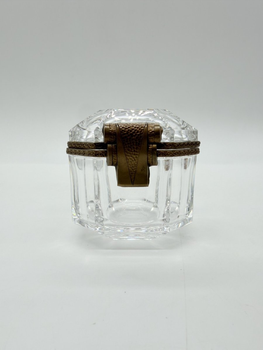 Small Art Deco Octagonal Cut Crystal Box With Metal Mount, Circa 1920-1930 