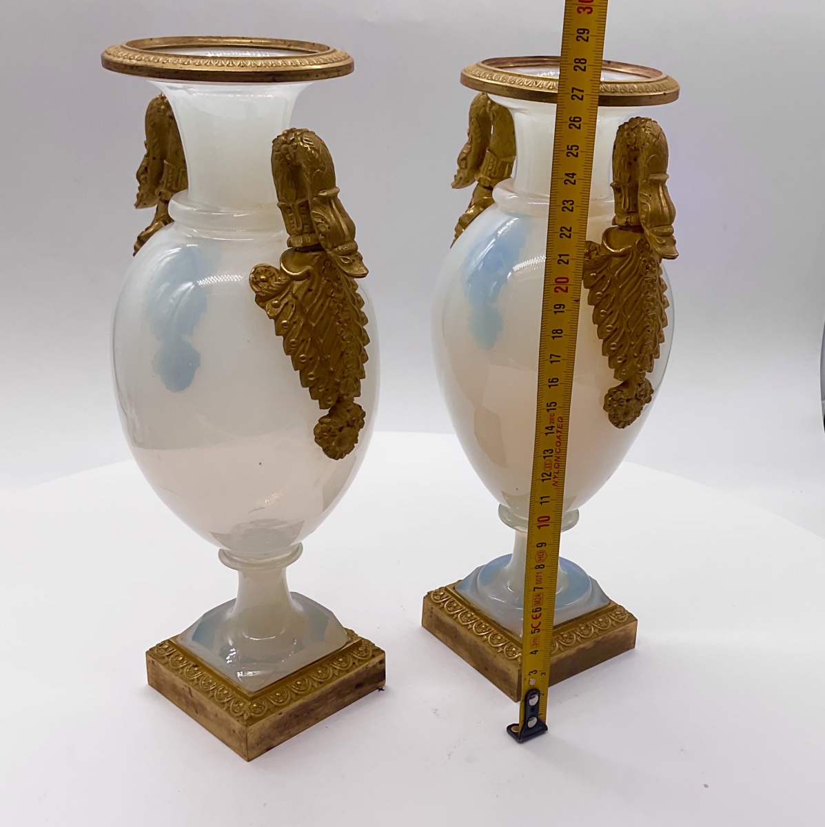 Pair Of Baluster Shaped French Opaline Bulle De Savon Vases Gilded Bronze Swan Handles,charlesx-photo-4