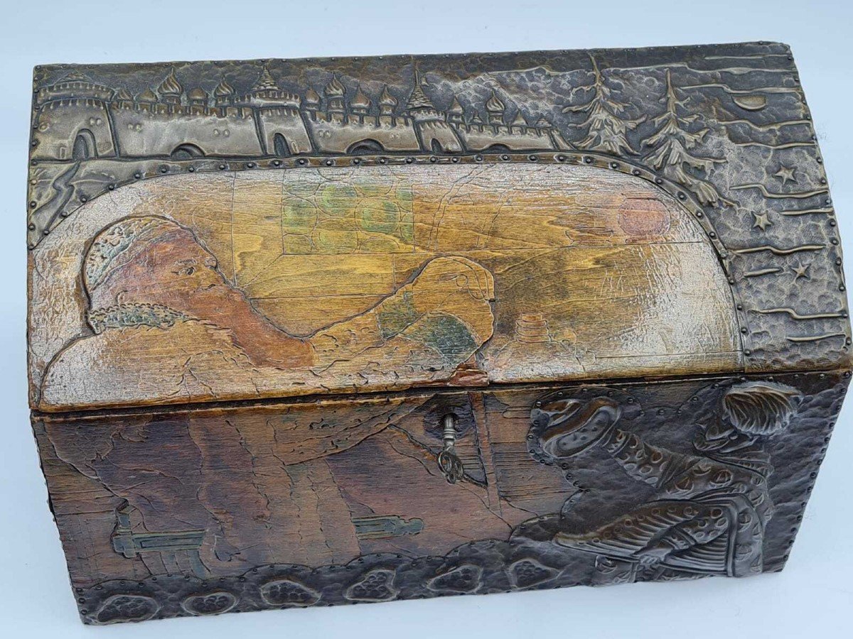 Antique Russian Wooden Abramtsevo Box With Basma-photo-4