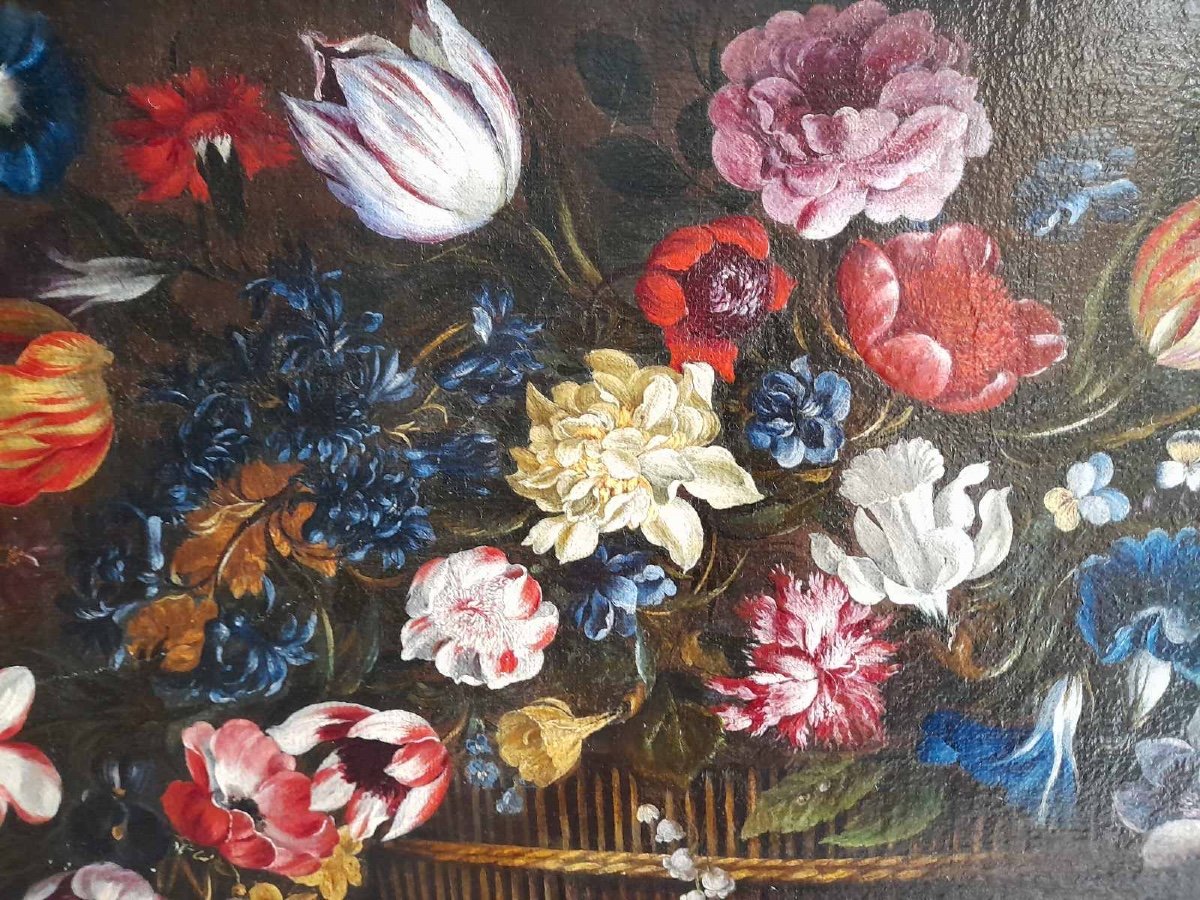 18th Century Flemish Painting, Oil On Panel, Still Life Huge Bouquet In A Basket-photo-2