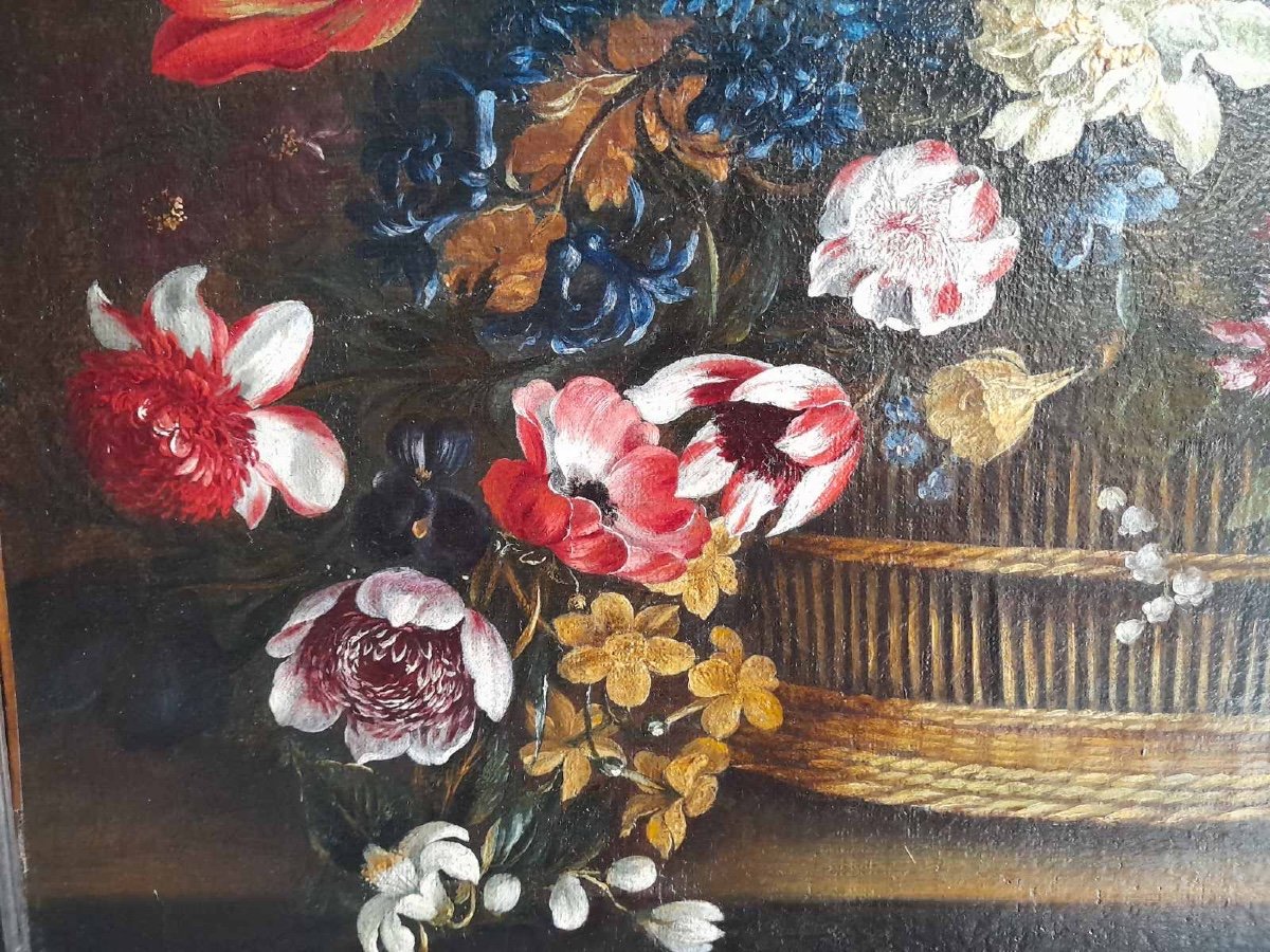 18th Century Flemish Painting, Oil On Panel, Still Life Huge Bouquet In A Basket-photo-4