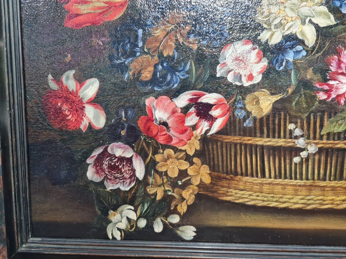 18th Century Flemish Painting, Oil On Panel, Still Life Huge Bouquet In A Basket-photo-3