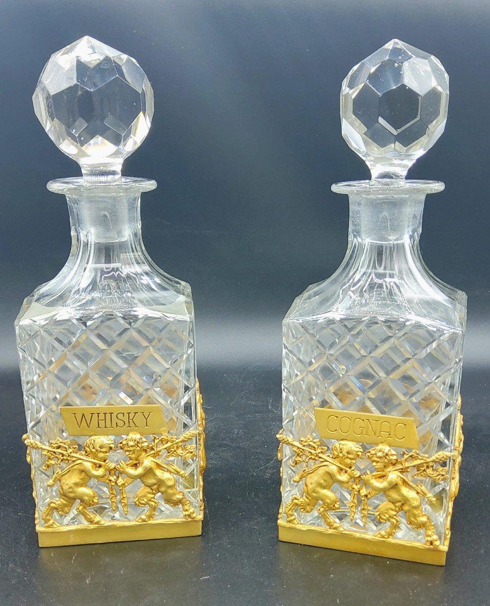 Pair Of Ormolu French Whiskey And Cognac Cut Crystal Decanters-photo-4