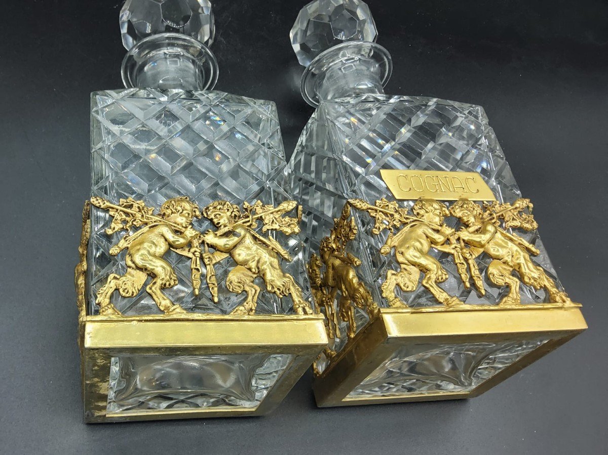 Pair Of Ormolu French Whiskey And Cognac Cut Crystal Decanters-photo-3