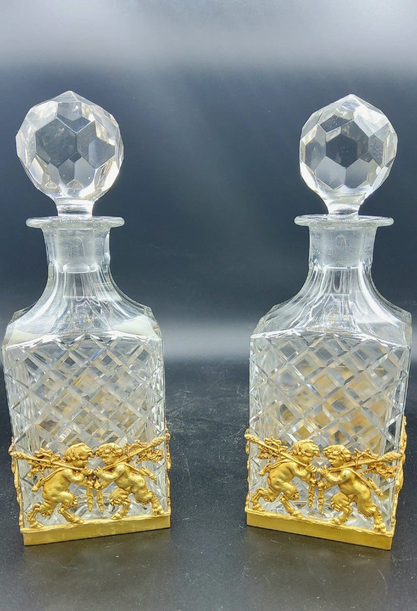 Paire De Carafes Baccarat En Cristal Taillé Ormolu Français Whisky Et Cognac-photo-5