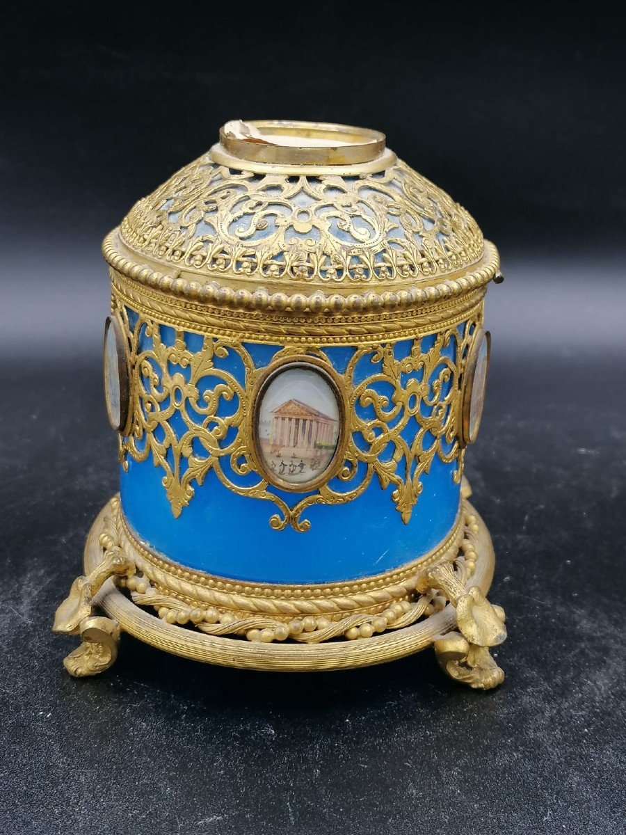 Exclusive Large Box / Box In Blue Opaline Glass With Miniatures From Paris / Palais-royal-photo-3