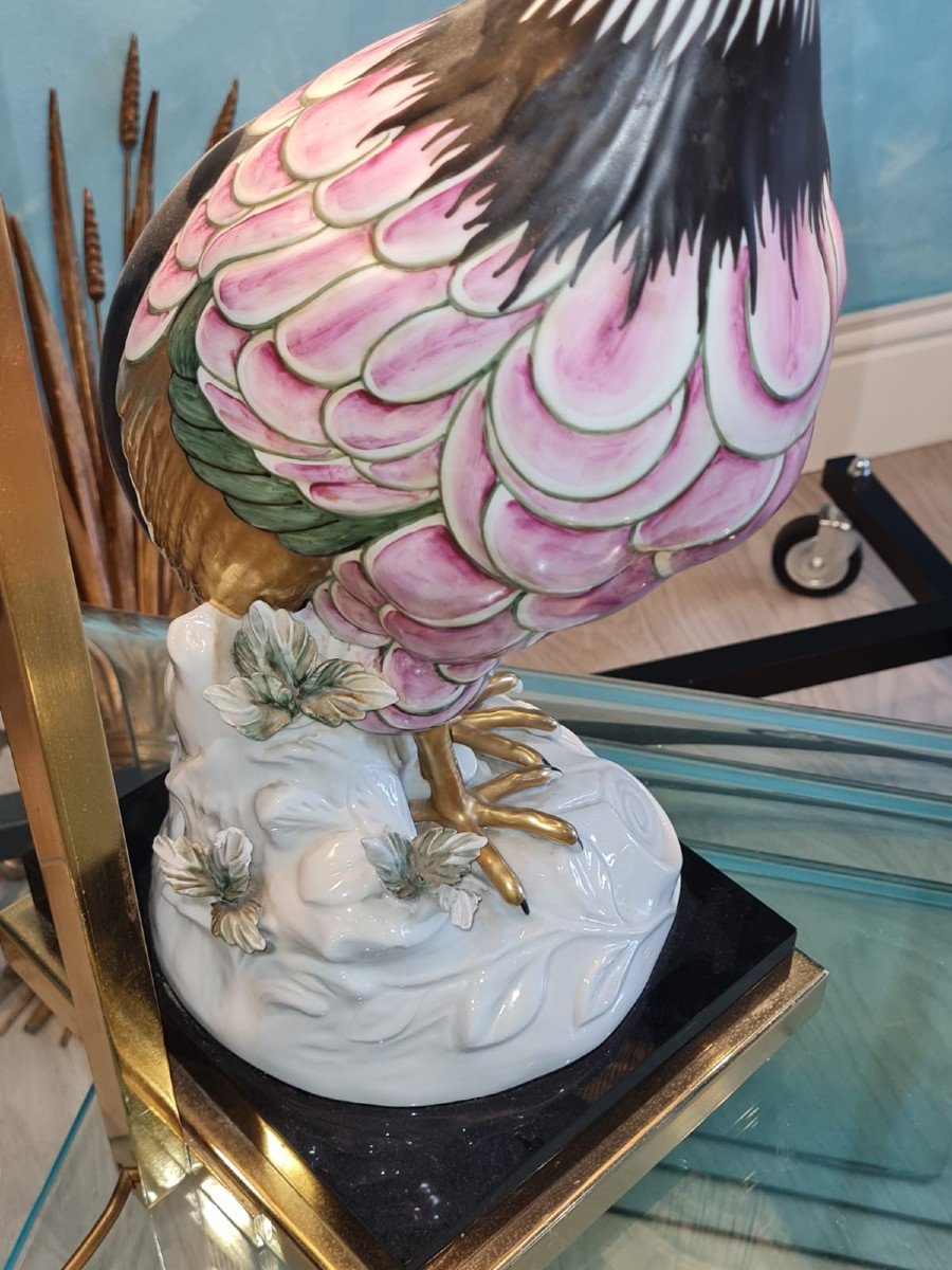 Sumptuous Porcelain Lamp Made In Italy In The Sixties In The Shape Of A Peacock-photo-2