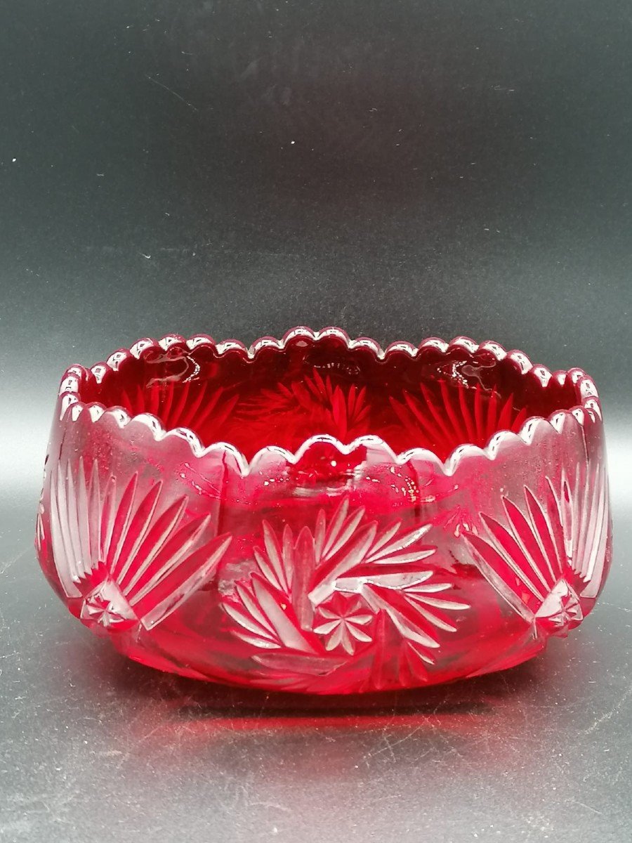 Antique Czech Bohemian Crystal Fruit Bowl In Pigeon Blood Red Color-photo-2