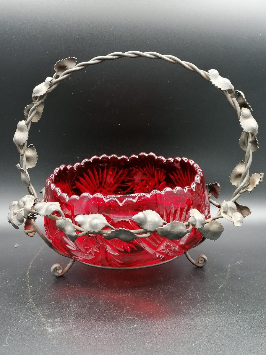 Antique Czech Bohemian Crystal Fruit Bowl In Pigeon Blood Red Color-photo-2